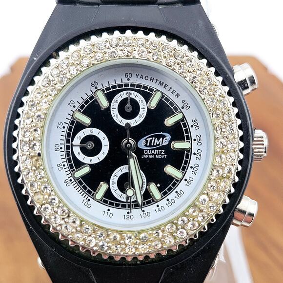 ETime Women's Double Halo Bling Watch Black Band Multifunction Bold Statement - Picture 2 of 6